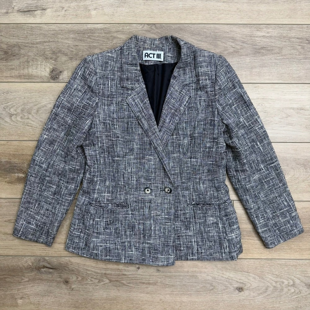 Vintage Houndstooth Plaid Tweed Blazer Women's Gray Career Jacket Union READ